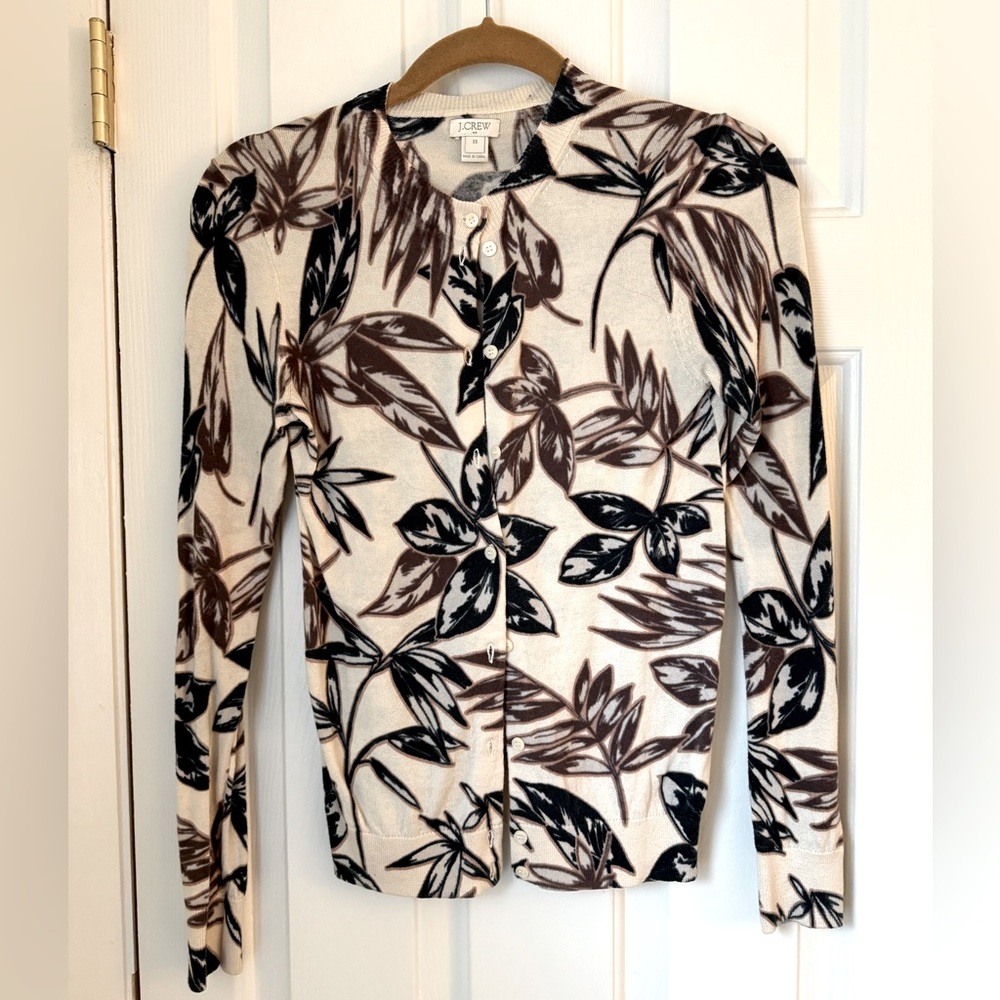J. Crew Cream, Brown and Navy Blue Floral Print Cardigan Sweater | XS